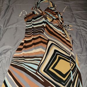 Ladies dress, size large, black,blue, brown stripes.